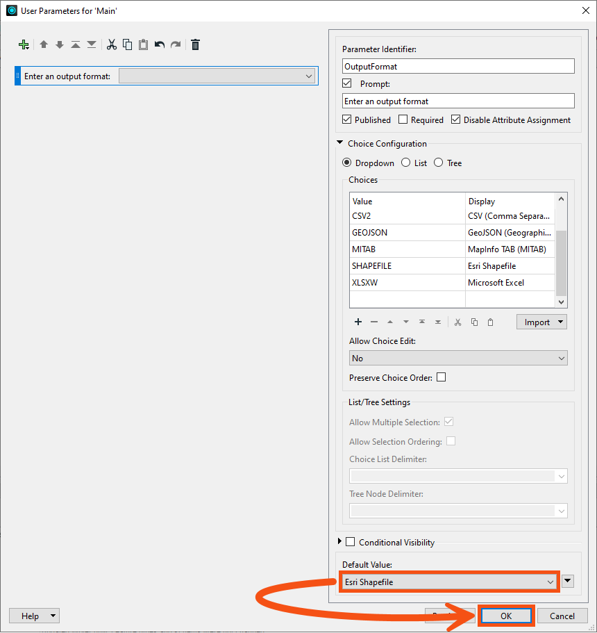 Selecting default and clicking OK to create the user parameter